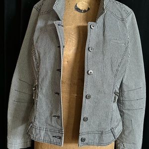 Ruff Hewn stripe jean jacket fitted w zip pockets zip cuffs RH buttons sz L